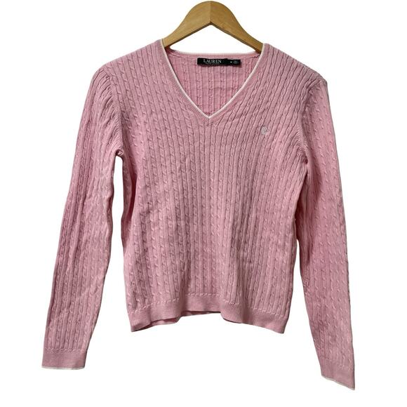 LRL Ralph Lauren Sweater Womens Cable Knit Sweater Size M Pink Preppy Tennis - Picture 1 of 7